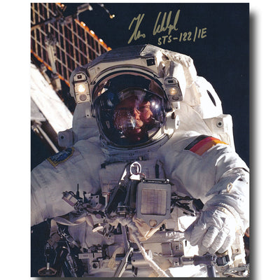 German ESA astronaut Hans Schlegel hand-signed 8x10 litho of his EVA – nicely annotated STS-122/1E.