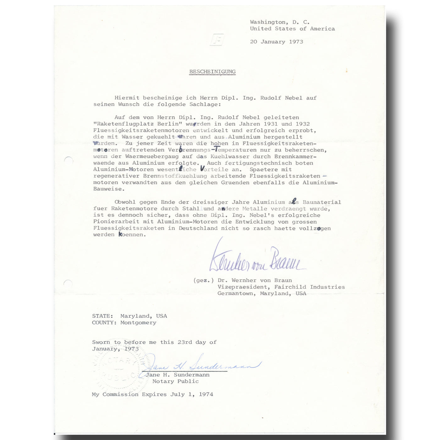Wernher von Braun – notarized testimonial for Rudolf Nebel