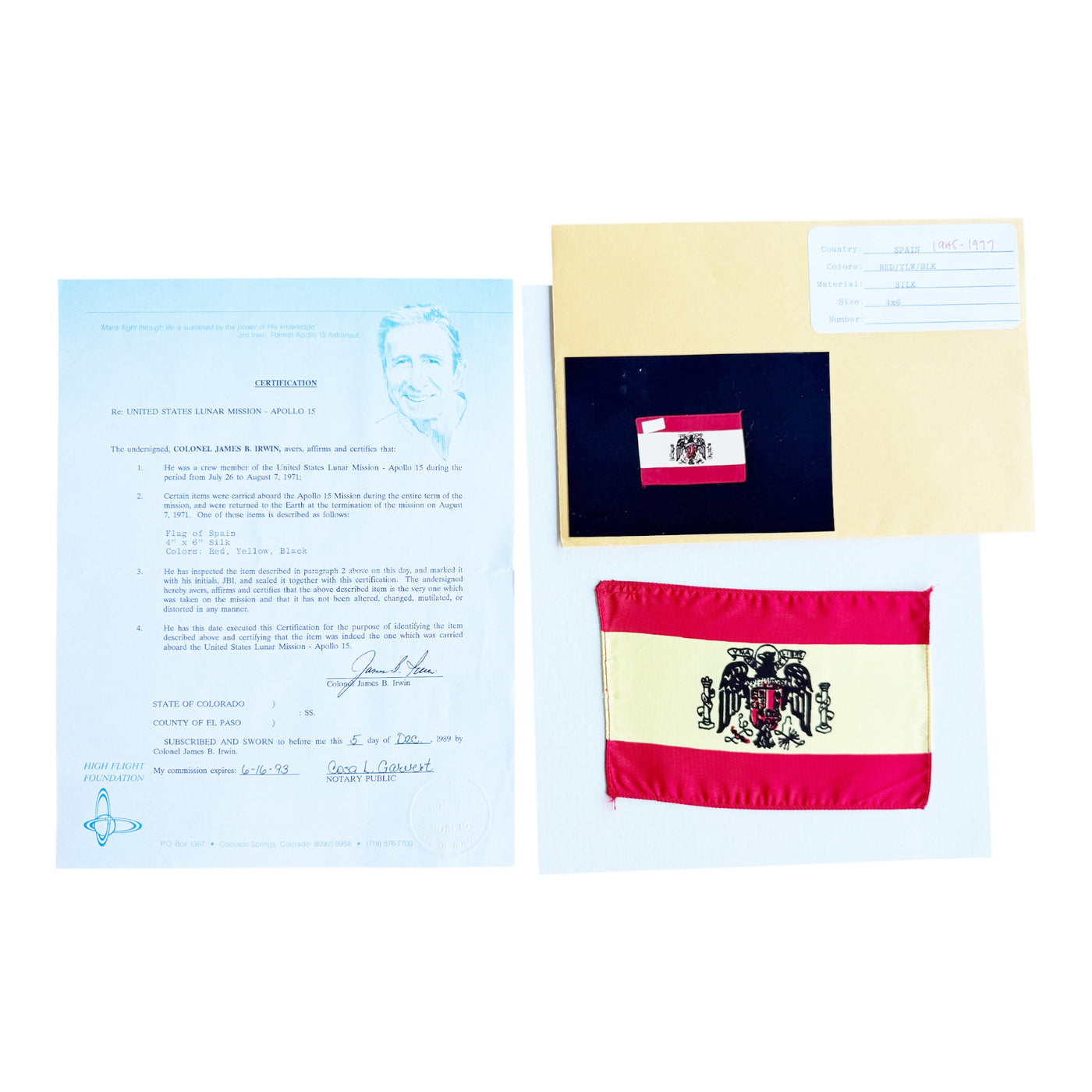 Apollo 15 flown flag of Spain – ex- Jim Irwin