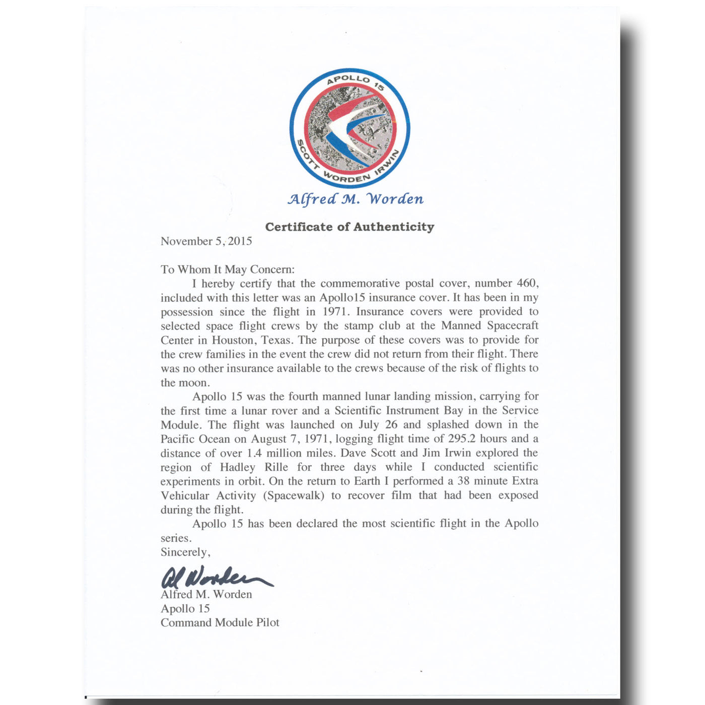 Alfred Worden – Apollo 15 insurance cover