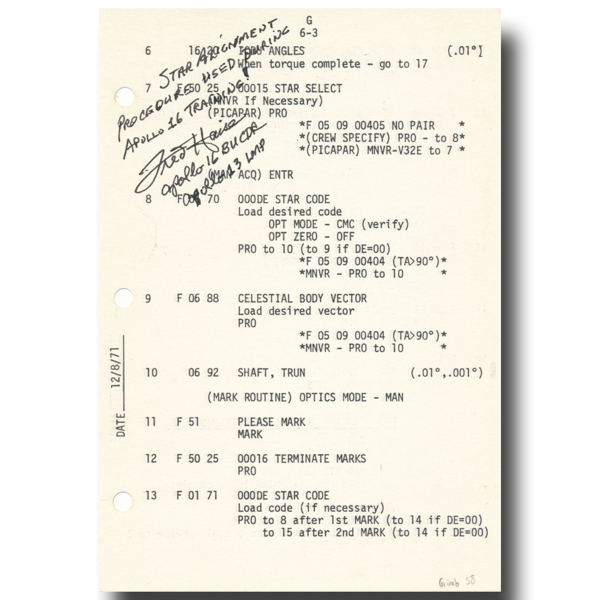 Fred Haise – Apollo 16 training checklist