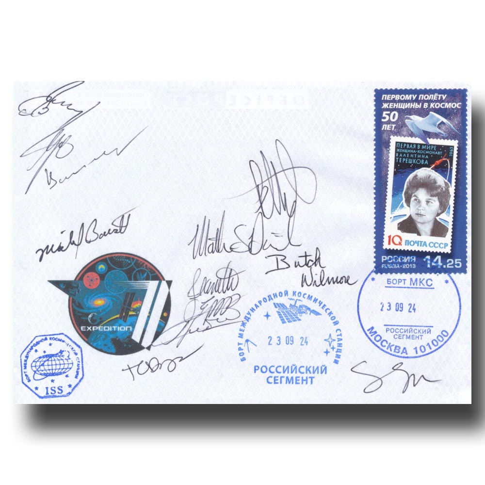 Soyuz MS-25 FLOWN ISS cover - signed by 11 astronauts + cosmonauts