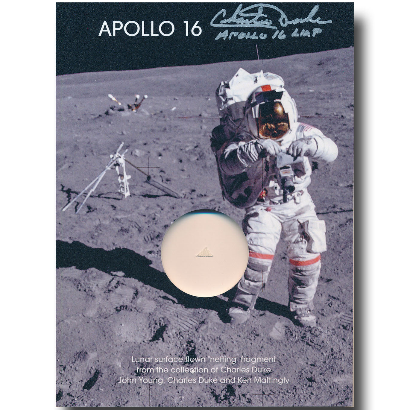 Apollo 16 lunar surface flown netting – signed Charlie Duke