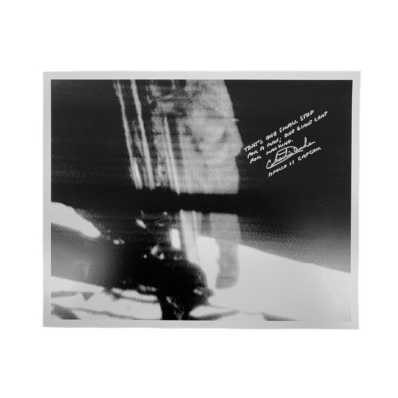 Charlie Duke signed 16''x13'' b/w Armstrong Apollo 11 „That's one small step...“