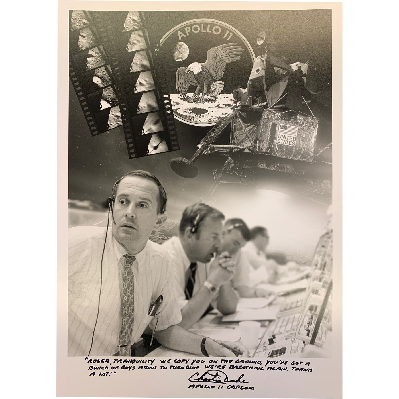 Charlie Duke signed 12''x17'' mission control photo + famous annotation