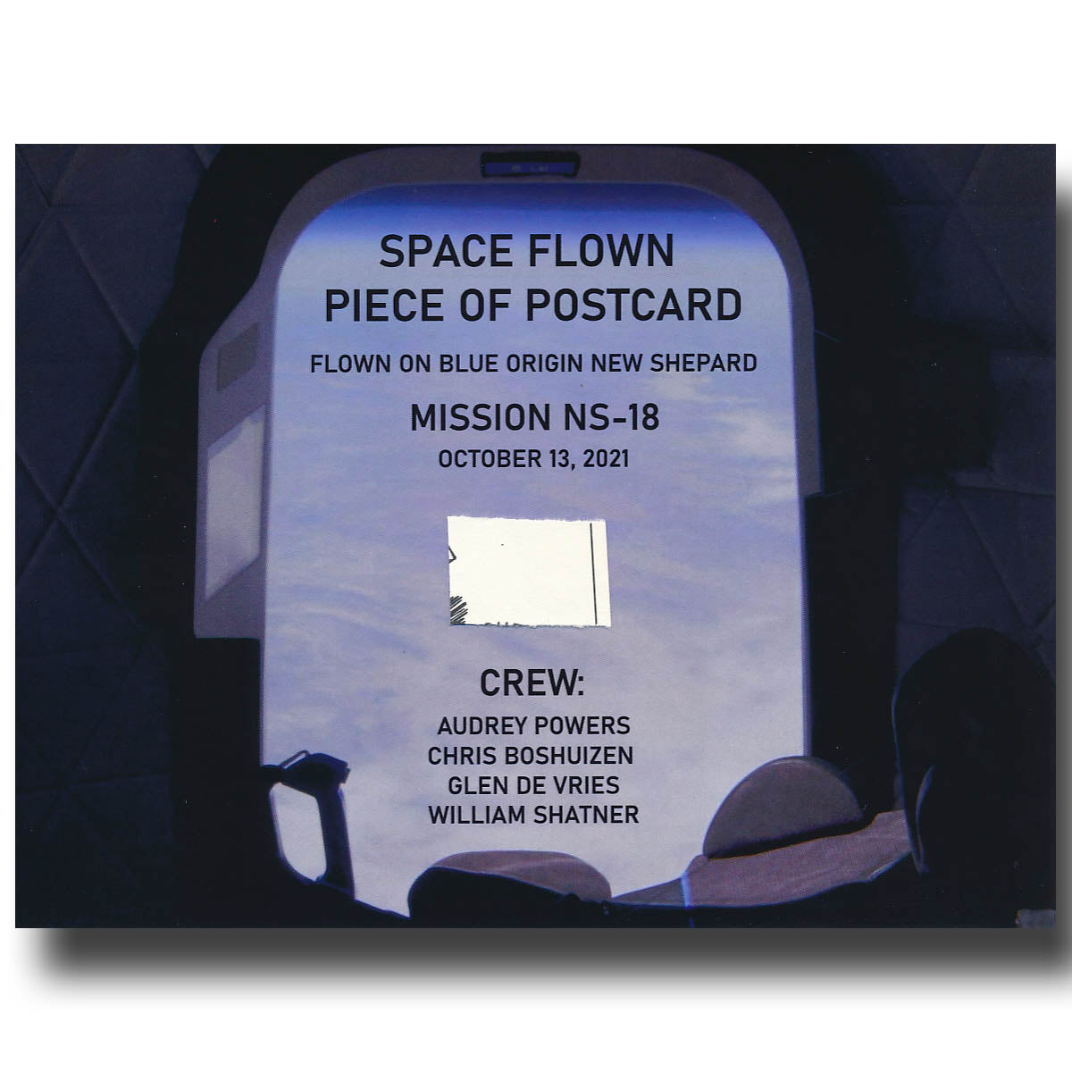 Blue Origin NS-18 with William Shatner space flown postcard fragment