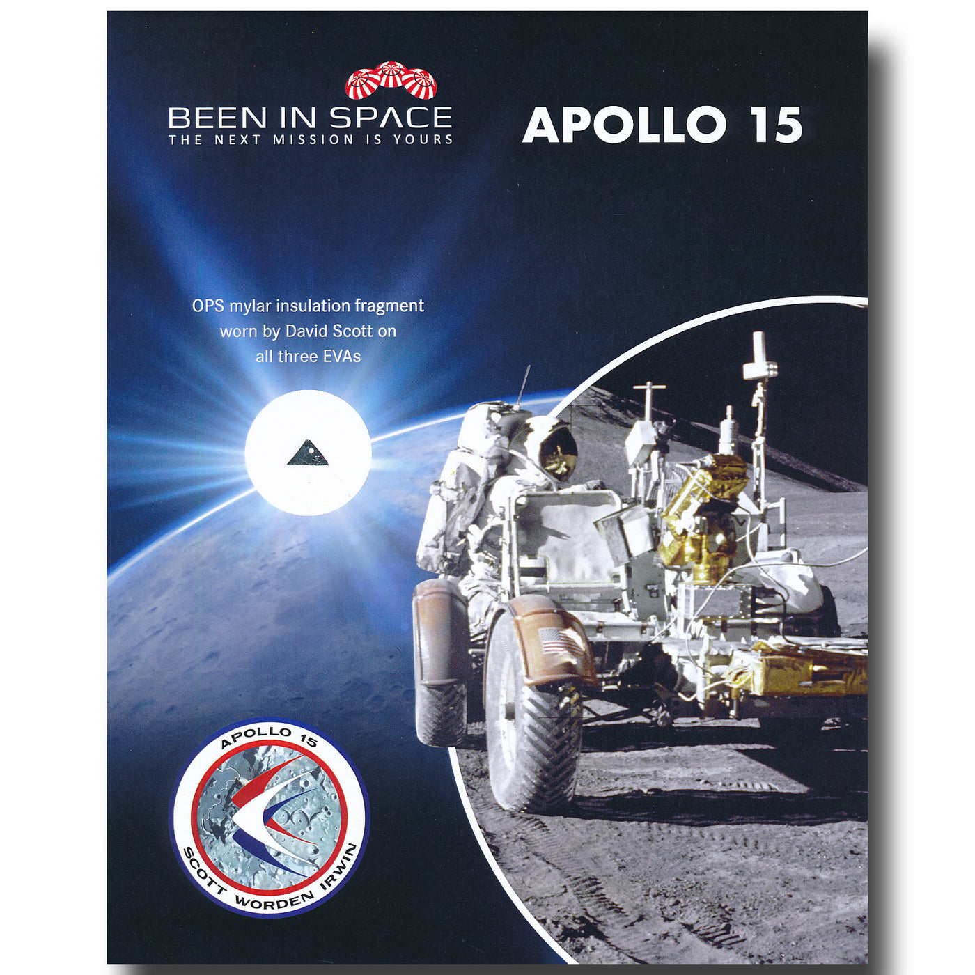 Apollo 15 Dave Scott lunar surface flown (moon landing) mylar insulation fragment presentation