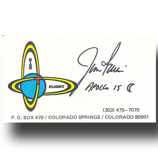 Apollo 15 moonwalker Jim Irwin hand-signed personal business card from his High flight foundation.