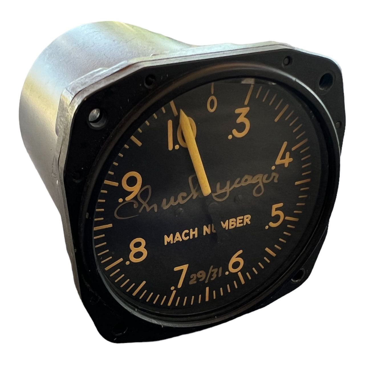 Chuck Yeager – signed replica Machmeter with flown dial