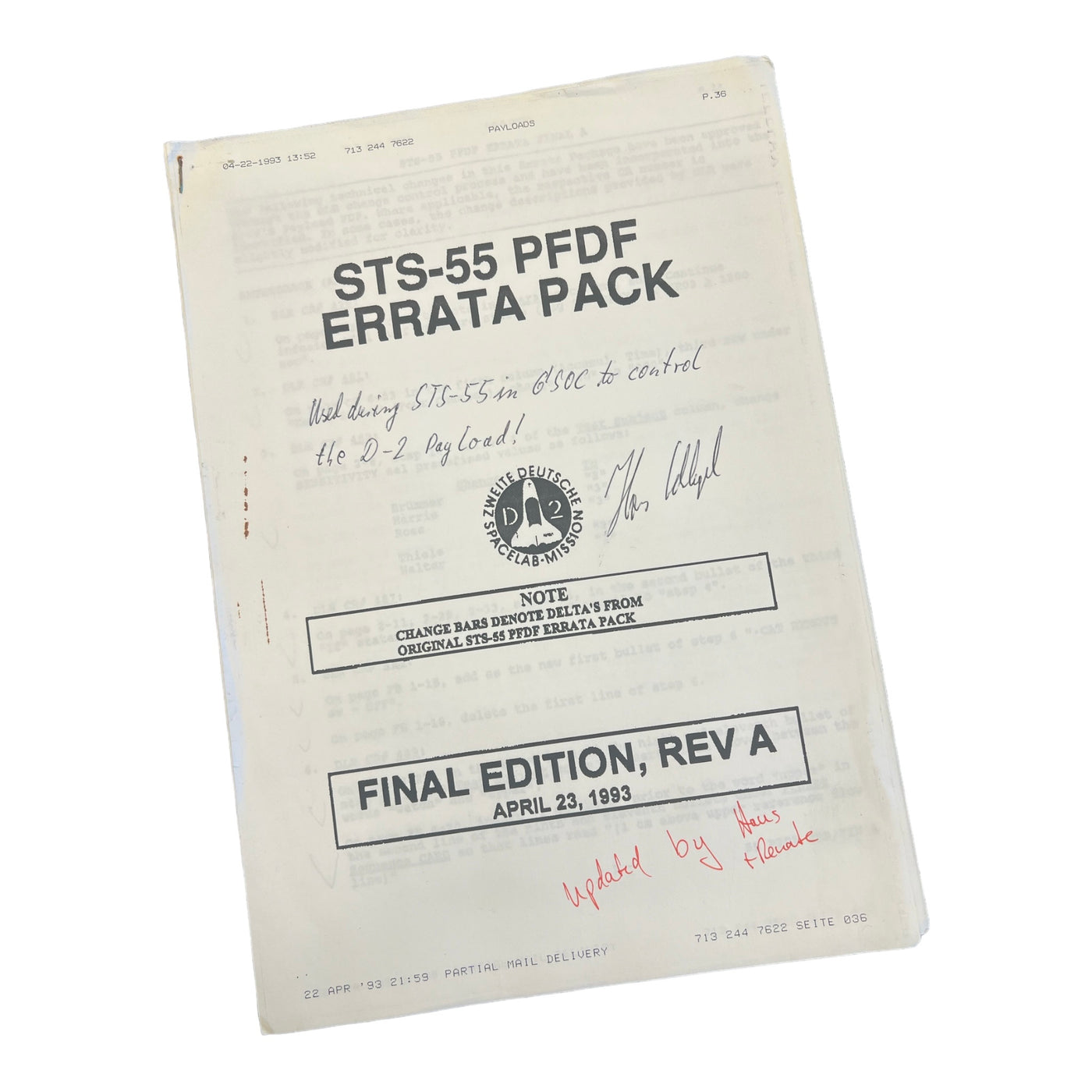 STS-55 PFDF Errata Pack - ex. Hans Schlegel