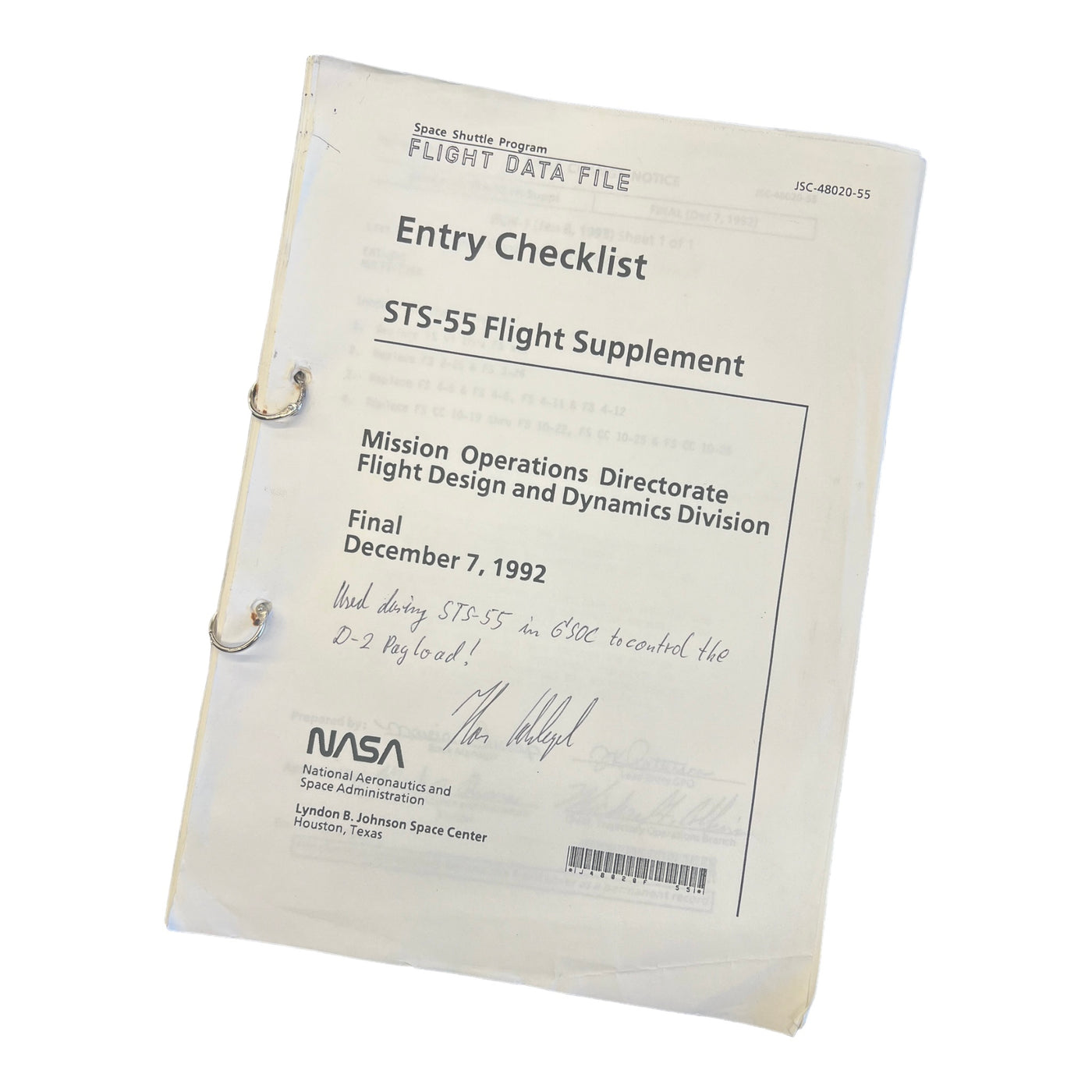 STS-55 Flight supplement checklist - ex Hans Schlegel