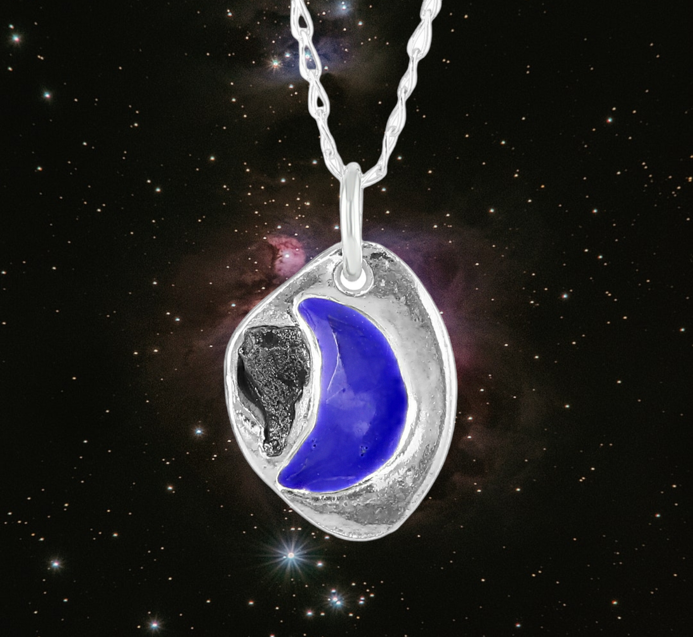 silver blue moon necklace with meteorite iron