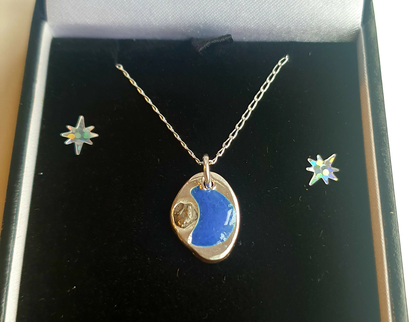 silver blue moon necklace with meteorite iron