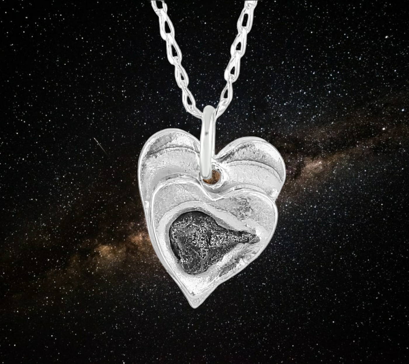 silver heart necklace with meteorite iron