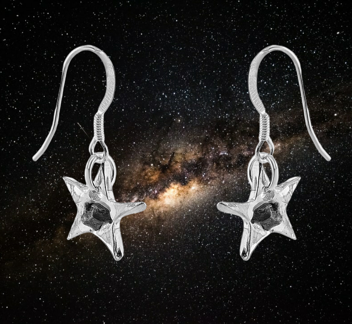 Silver star earrings with meteorite