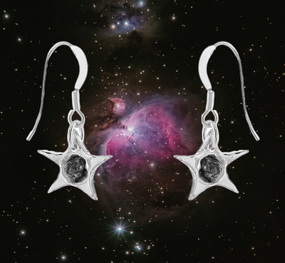 Silver star earrings with meteorite