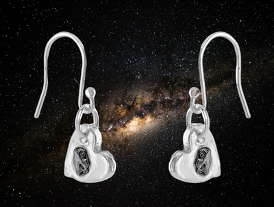 Silver heart earrings with meteorite