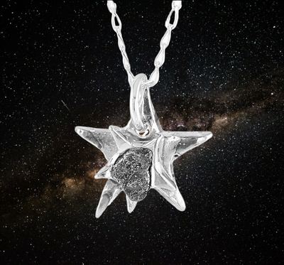 silver necklace with meteorite iron