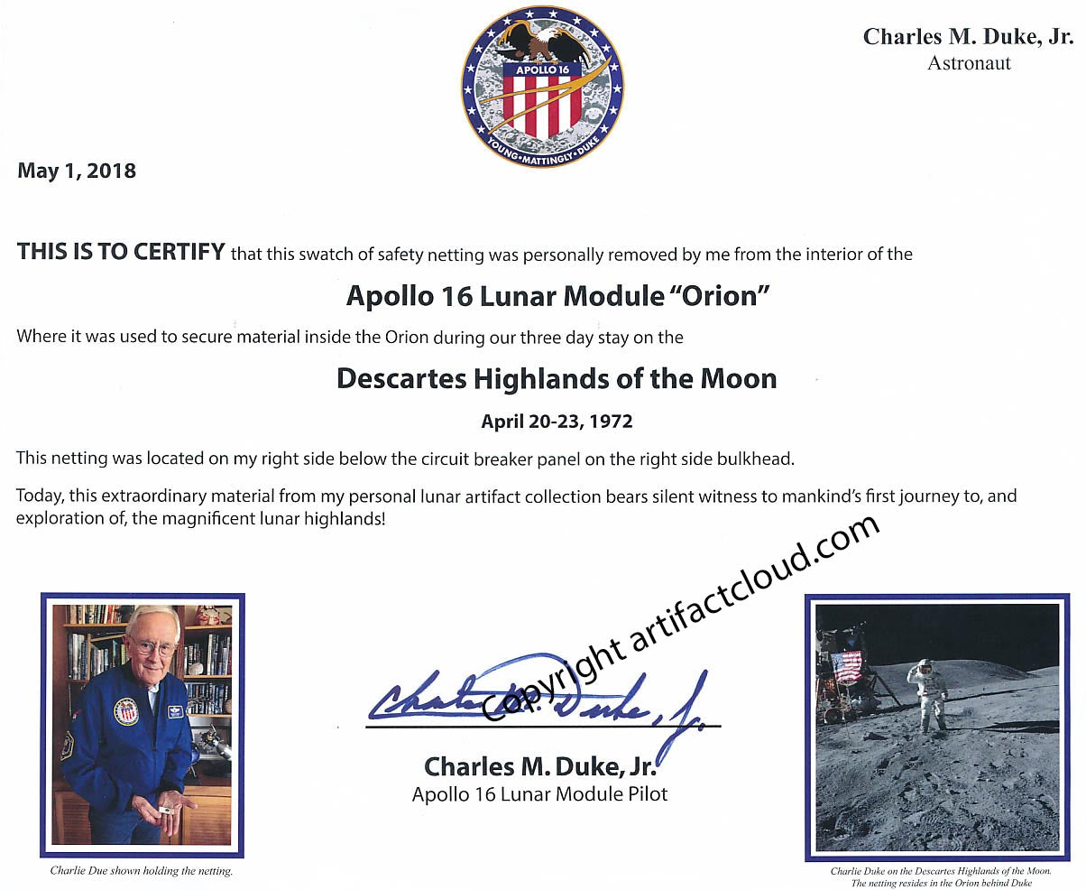 Apollo 16 lunar surface flown netting – signed Charlie Duke