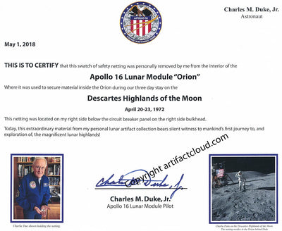 Apollo 16 lunar surface flown netting – signed Charlie Duke