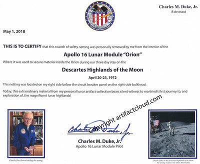 Apollo 16 lunar surface flown netting – signed Charlie Duke
